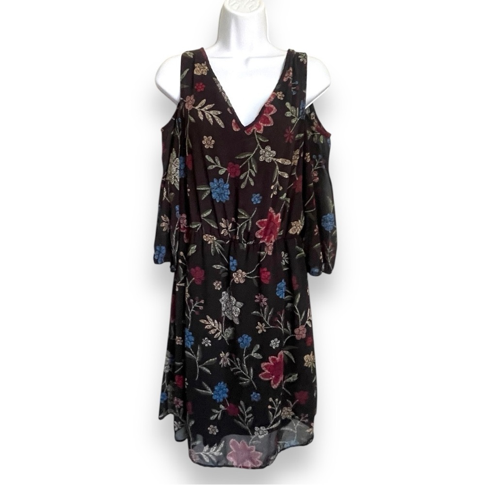 Signature Collection Floral Cold Shoulder Midi Dress Black Boho V-Neck